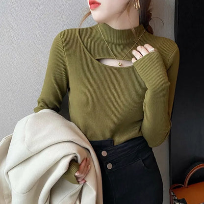 Herbst Winter Gestricktes Hemd Frauen Pullover Stricken Pullover Tops Mode Weibliche Lange Hülse Dünne Elastische Dünne Pullover Shirts.