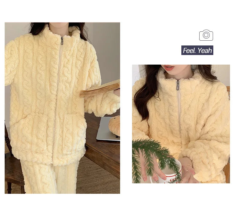 Große Größe Flanell Pyjama Set Herbst Winter Weibliche Nachtwäsche Hosen Anzug Verdicken Korallen Fleece Hohe Kragen Lounge Tragen Homewear.