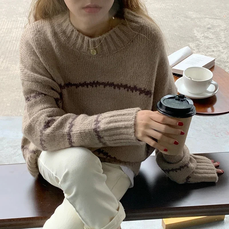 Herbst Winter Gestreiften Pullover Pullover Frauen Gestrickte Shirts Lange Hülse Lose Mock Neck Outwear Casual Pullover Tops Strickwaren.