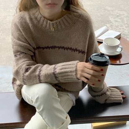 Herbst Winter Gestreiften Pullover Pullover Frauen Gestrickte Shirts Lange Hülse Lose Mock Neck Outwear Casual Pullover Tops Strickwaren.