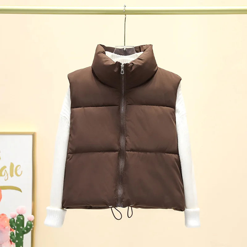 Herbst Winter Kurze Baumwolle Weste Elegante Solide Zipper Ärmel Stehkragen Warme Stepp Weste Mäntel Reise Jacke Im Freien.