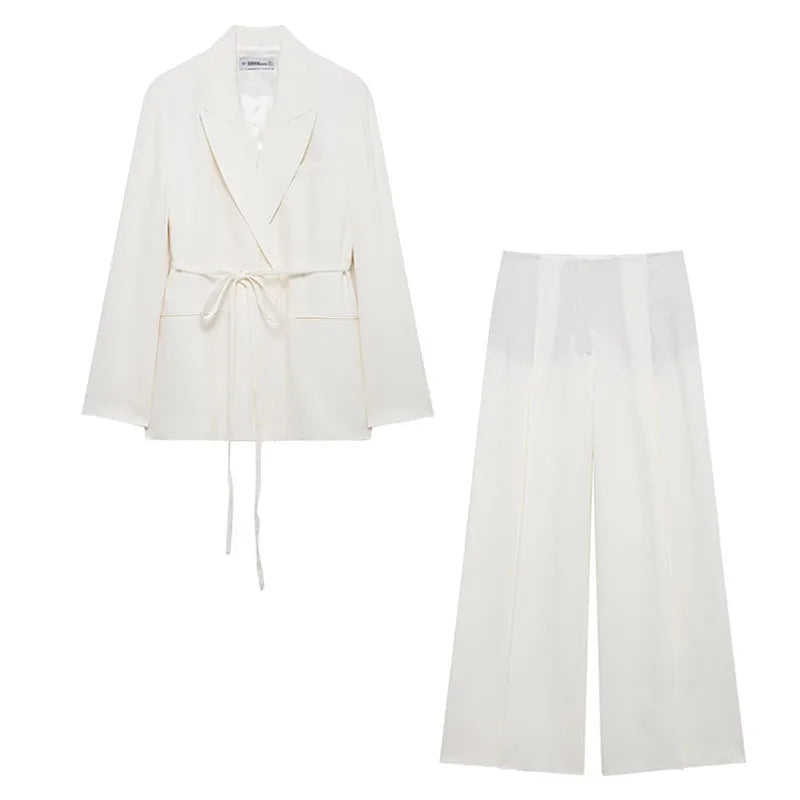 HH Women's Suits White Turn-Down Collar Long Sleeves Lace-Up Blazers+High Waist Zipper Long Pants Female Spring Fashion Sets