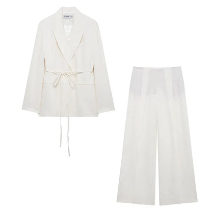 HH Women's Suits White Turn-Down Collar Long Sleeves Lace-Up Blazers+High Waist Zipper Long Pants Female Spring Fashion Sets