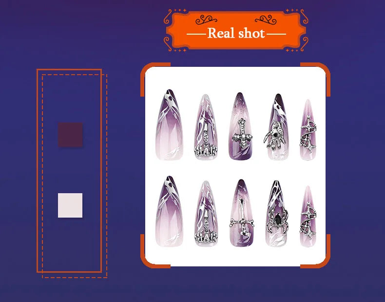 Halloween Cool Spice Style Spider Skull False Nails Purple Halo Dyeing Detachable Finished Fake Nails Press on Nail with Glue.