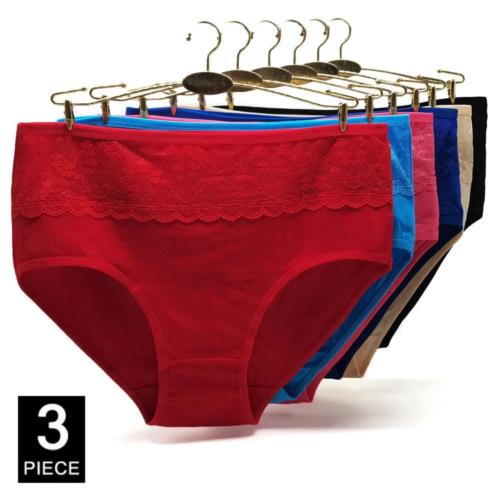 Cotton panties 2XL 3XL 4XL plus size briefs women Underwear high waist lingerie female intimate Transparent lace 3 pieces/lot.