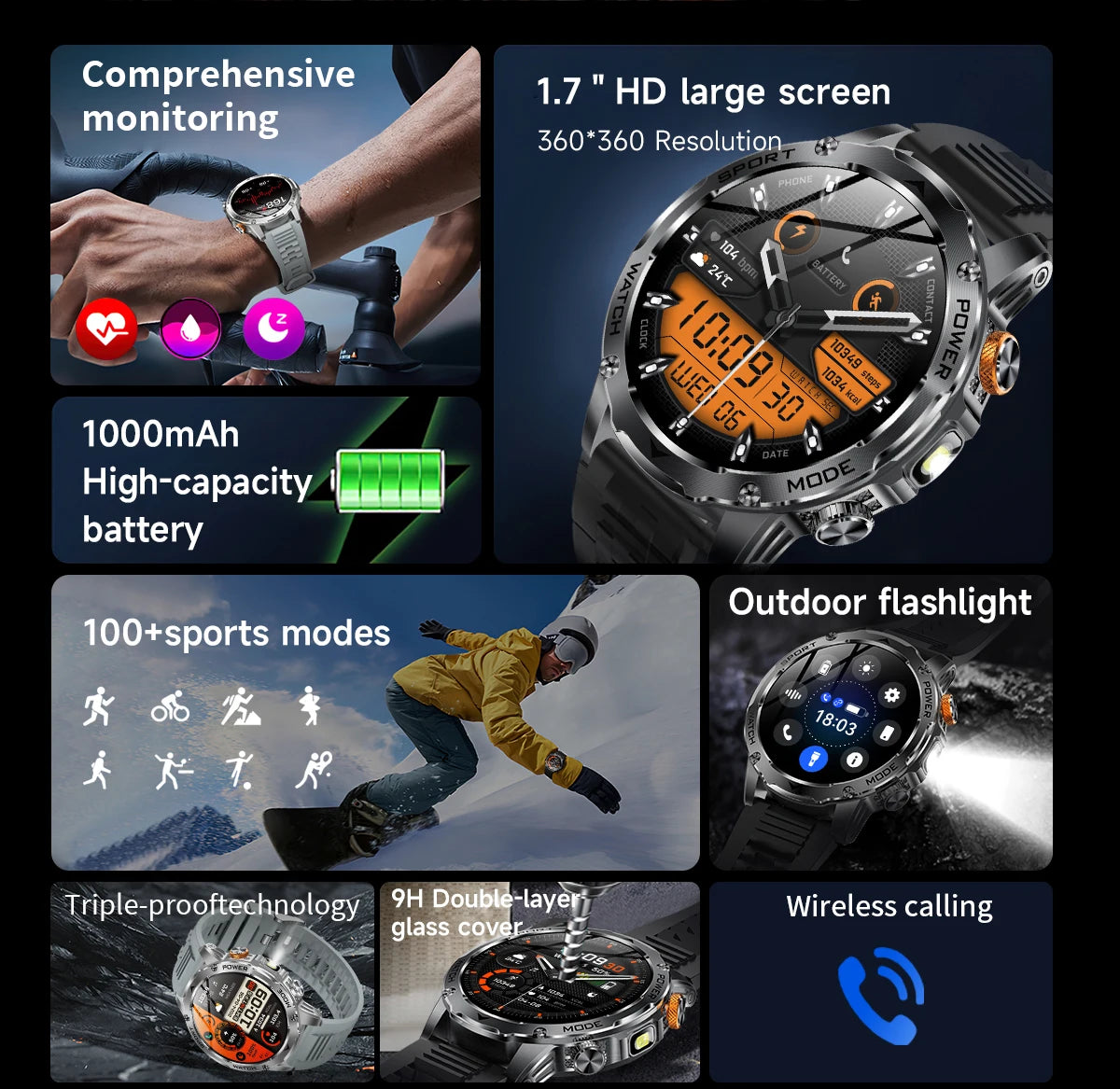 LIGE 2025 New 1000mah Smart Watch Men AMOLED HD Display Sport Fitness LED Flashlight Bluetooth Call Smartwatch For HUAWEI XIAOMI.