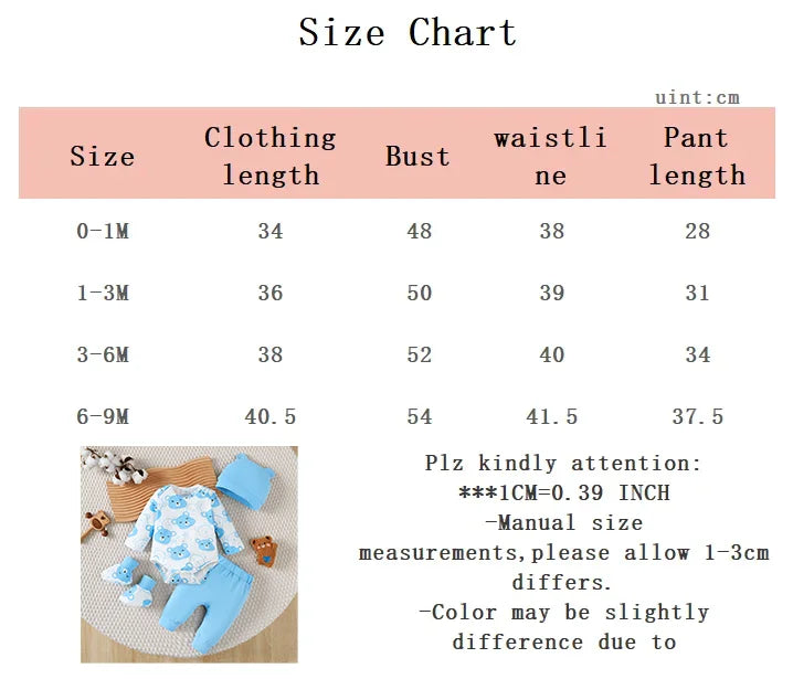 Newborn Baby boy Set Little bear Long sleeved Jumpsuit+Long Pants+Hat+Socks 4Pcs/Set 0-9 Month Baby boy Spring and Autumn Set.
