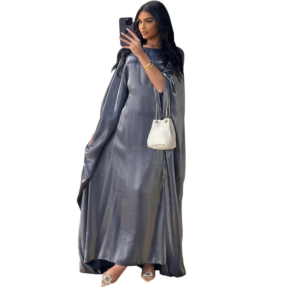 Siskakia Muslim 2024 New Eid Dresses Solid Shiny Satin Batwing Sleeve Modest Kebaya Turkish African Women Abayas Saudi Clothing.