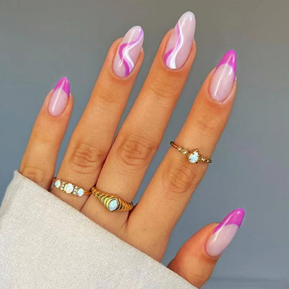 24Pcs French False Nails Almond Fake Nails with Glue Press on White Edge Design Wearable Simple Ins Pink Stiletto Nail Tips.