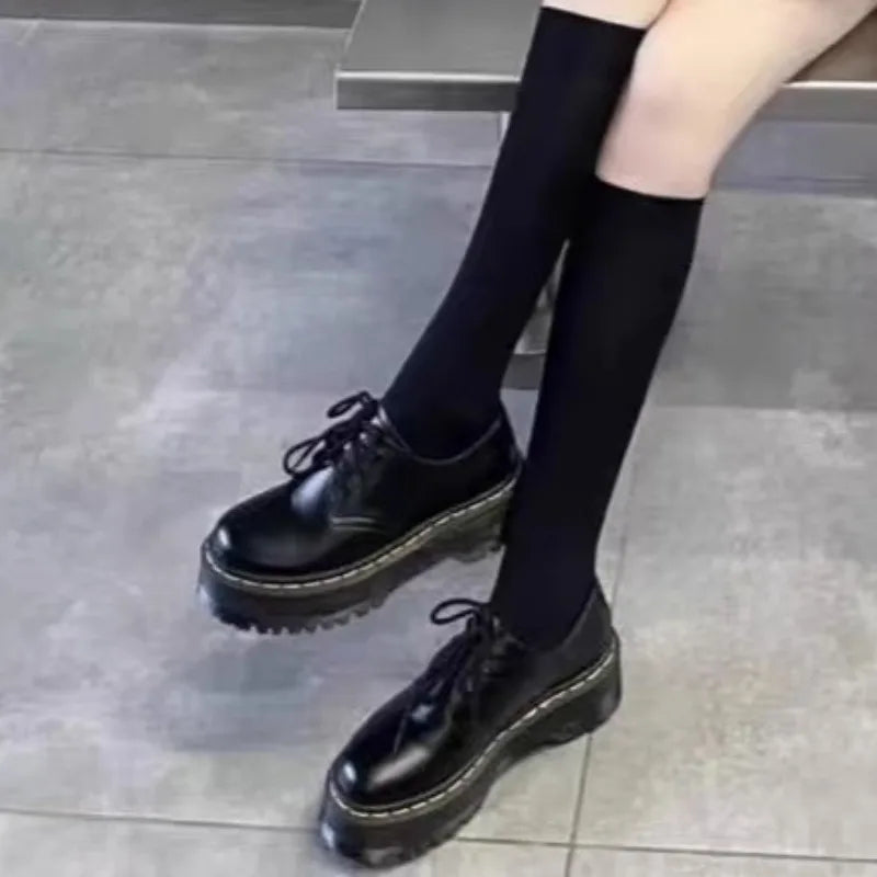 2024womens Autumn New Fashion Round Head Lace-up Solid Color Womens Loafers Casual Thick Soled Leather Women's Thick Soled Shoes.