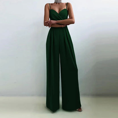 New Spaghetti Strap Slim High Waist Jumpsuits Fashion Ladies Solid Color Office Wide Leg Rompers Elegant Pleated Simple Playsuit.
