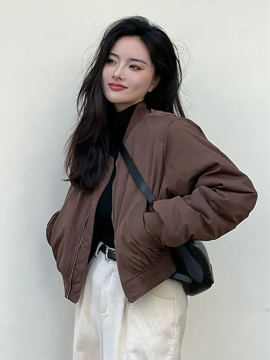 Damen-Bomberjacken, locker, einfarbig, kurz, Winter, braun, für Damen, Baseball-Fliegermäntel, günstige Angebote, neue Produkte, hübscher, schicker Luxus.