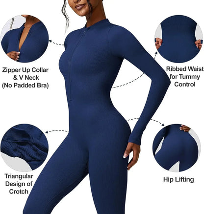 Seamless Long Sleeve Yoga Suit One-Piece Tightening Fitness Leisure Sports Jumpsuit with Zipper for Women.