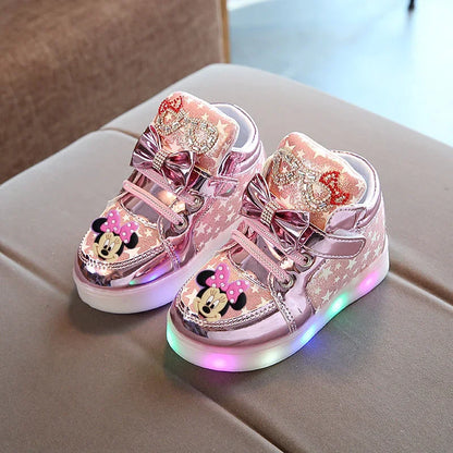 Disney Minnie girl children's sports shoes flashing shoes cartoon LED casual shoes.