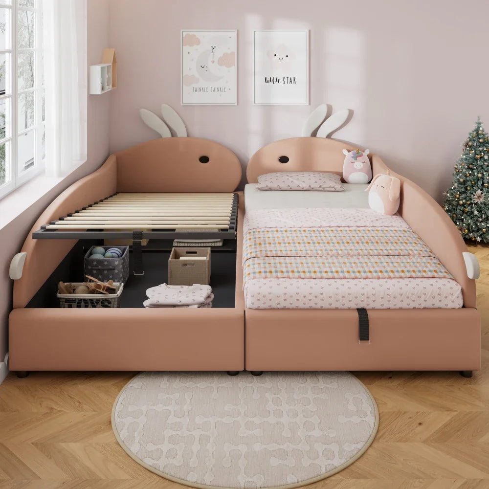 Polsterbett, Einzelbett, Babybett, niedlicher Hasenkopf, hydraulisches Bett mit Stauraum, erhöhter weicher Zaun, Samt, rosa + weiß, 90 x 200 cm