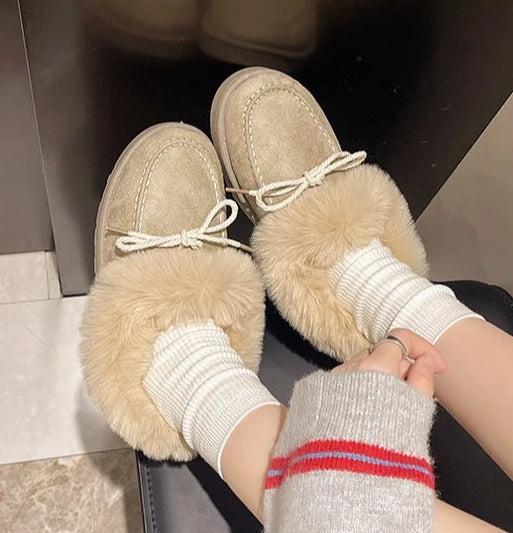 Bow Round Toe Flat Fleece-lined Woman Shoes Trend 2025 Y2k Chic and Elegant Winter Novelty Padded Sale Hot Snow Boots for Women.