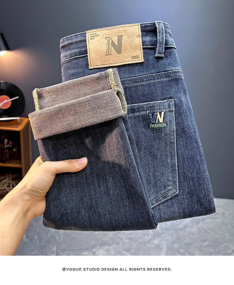 Men's Slim Straight Jeans Fashion Korean Autumn Trousers Comfortable Elastic Black Blue Fitted Business Casual Denim Pants.