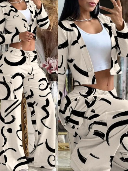 Women's Spring Summer New Fashionable Solid Color Printed Sexy Waist Short Top Casual Pants Set For Women.
