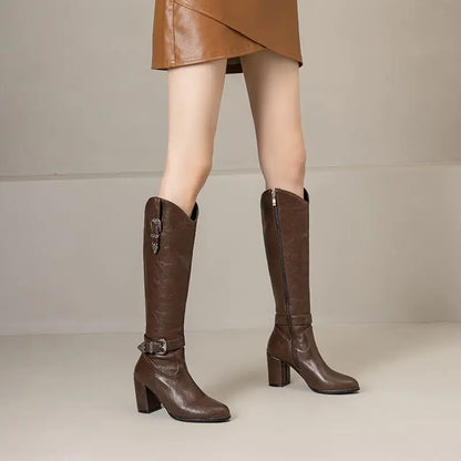 Girseaby British Style Women Knee High Boots Round Toe Block Heel 7.5cm Zipper Plus Size 51 52 Fashion Riding Bota.