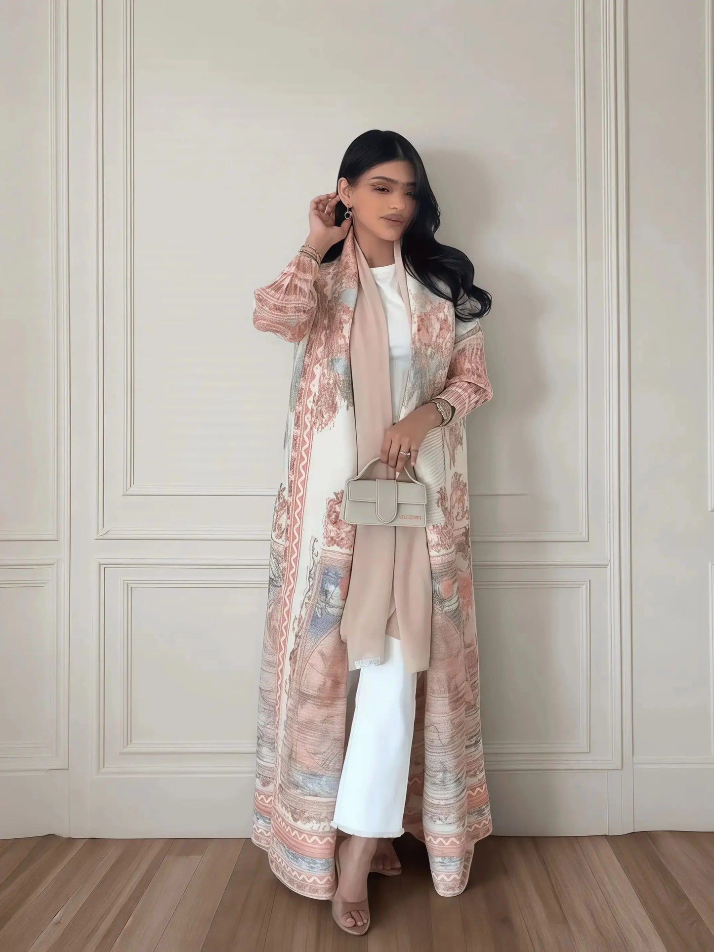 Langer Herbstmantel für Damen, Retro-bedruckt, langärmelig, muslimisches Abaya, Saudi-Mode, faltiger Taillengürtel