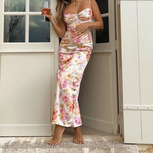 Damen-Kleid mit Blumendruck, Spaghettiträger, ärmellos, schmale Passform, Sommer, rückenfrei, langes Kleid für Party und Strand.