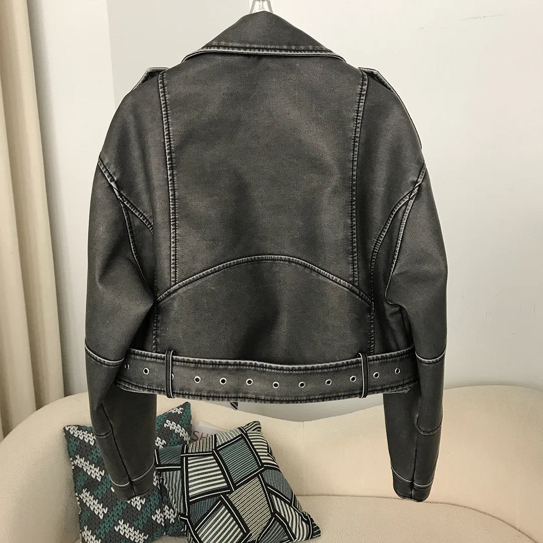 Neue Frühjahr Frau Faux Leder Jacke Chic Vintage Amerikanische straße tragen Kurze Revers Zipper Gürtel Biker Mäntel Mode Streetwear.
