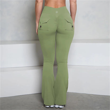Allure The Brand Pocket Flare Scrunch Butt Pants ATB Women Tight-Fit Sexy Slim High Waist Pants Push Up Fitness Flare Leggings