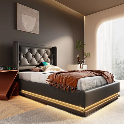 KOMHTOM PU-Material Hydraulisches Stauraumbett, mit USB Typ-C Ladefunktion, 3-seitige LED-Funktion, ohne Matratze