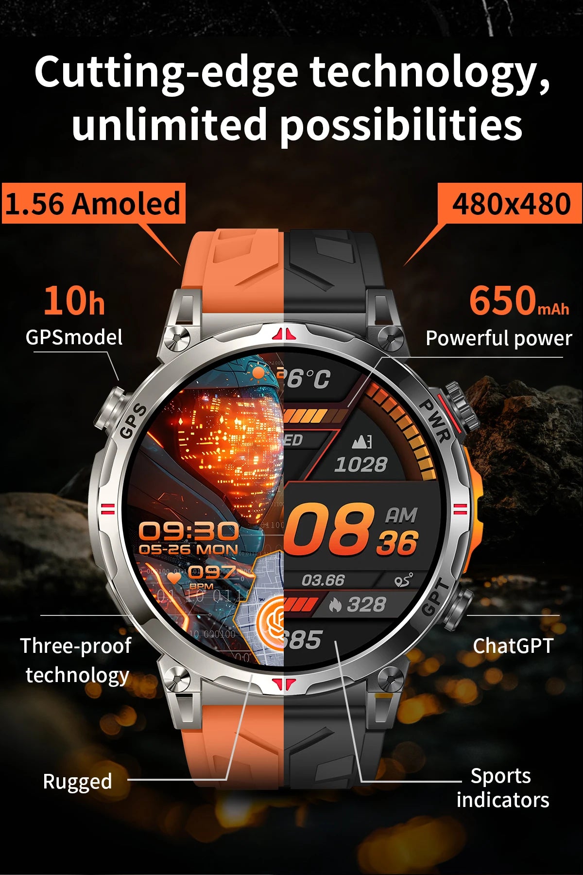 2025 GPS Sports Smart Watch GPT AMOLED 1.56 inch 488 * 488 Heart Rate Blood Oxygen Blood Pressure Monitoring 3ATM Smartwatches.