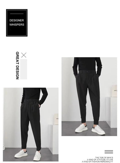 Fashion Men Casual Pants Elastic Waist Small Feet Slim Korean Style Pleated Tapered Male Blazer Pants Trousers Streetwear.