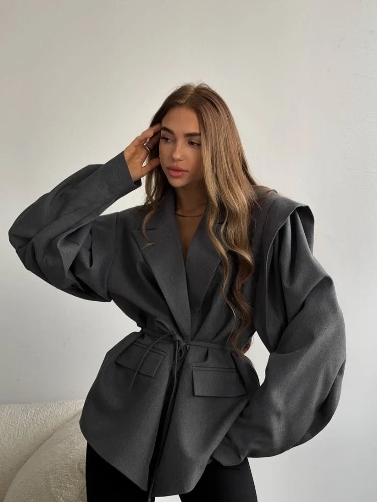 Fashion Solid Revers Hals Schulter Pad Anzug Jacke Frauen Langarm Eine Taste Spitze Up Mantel 2025, Herbst Neue Highstreet Büro Tragen