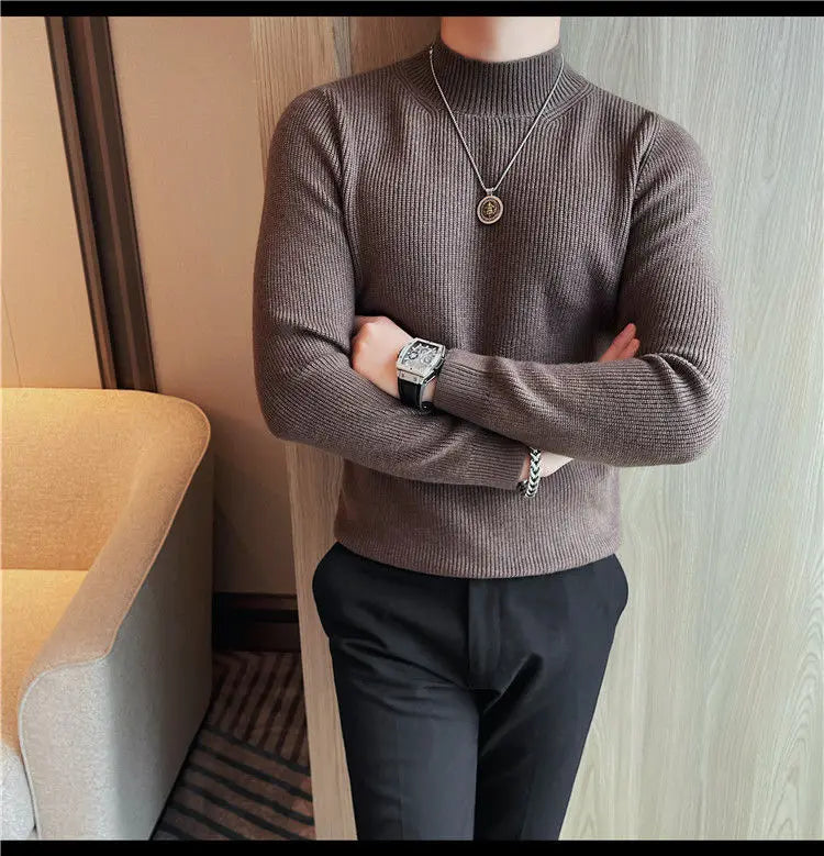 Half Turtleneck Sweater Men with Striped Wool in Autumn Winter Thickened Slightly Loose Base Knitted