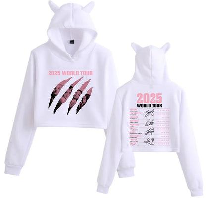 2025 Black World Tour Merch Cat Ears 2 Sided Long Sleeve Crop Tops Girls Fashion Hoodie.