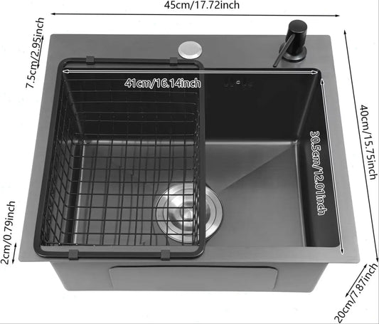 Küchenspüle 45x40cm Spülbecken Einbauspüle mit Abflusskorb und Seifenspender Edelstahl Spüle Küche Waschbecken, 1 Becken, Schwar
