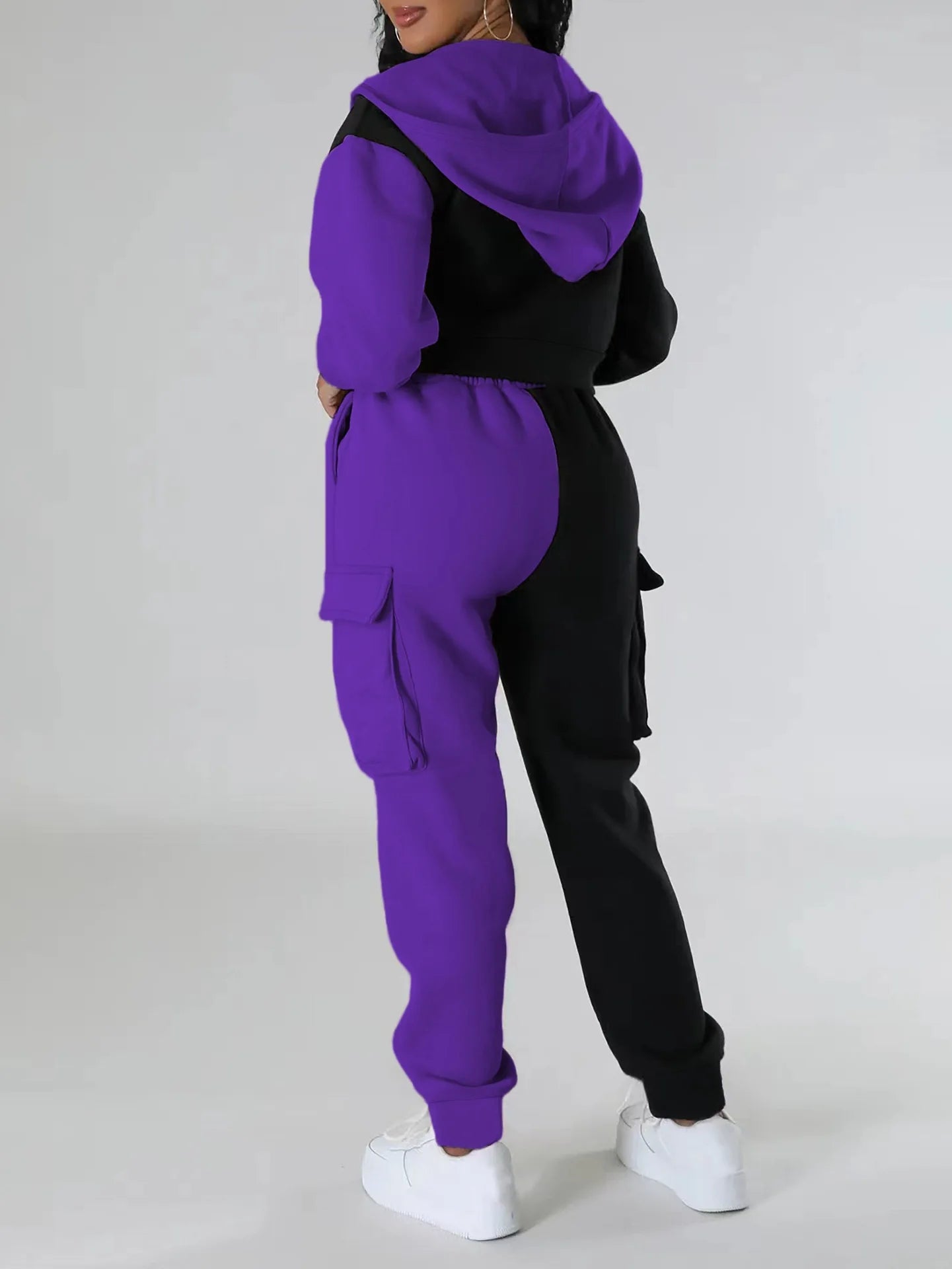 Women Loose Autumn Winter Two Pieces Suit Matching Sets Hoodie Tracksuit Blocked Zipper Short Outerwear Drawstring Cargo Pants