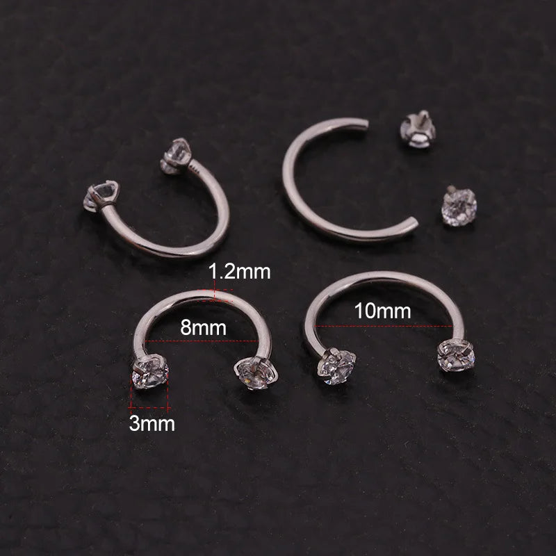 2Pcs 6/8/10mm Stainless Steel Zircon Piercings Earrings Horseshoe Ring Piercing Nose Ear Belly Rings Body Jewelry For Women/Men.