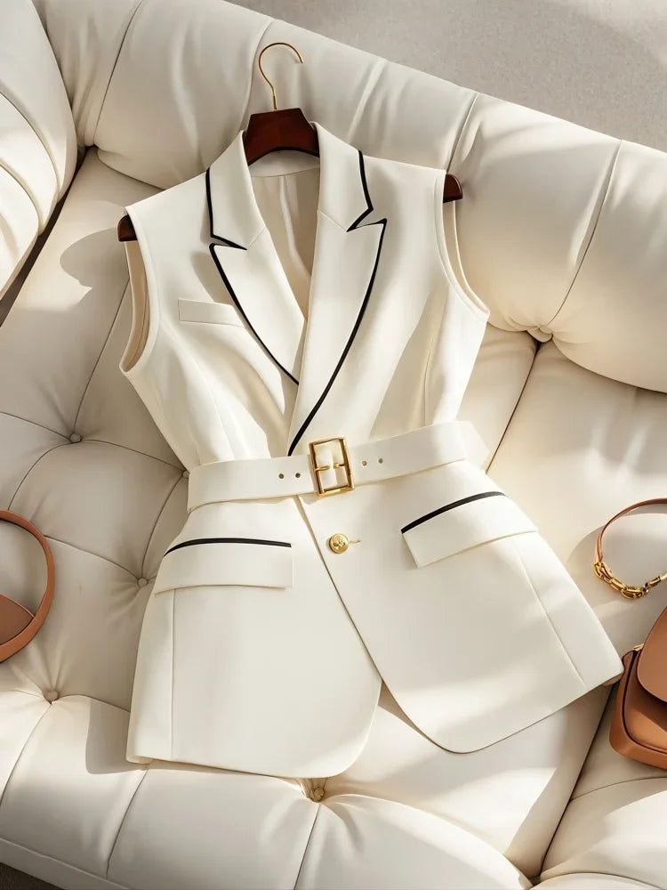 Korean Fashion Weißen Anzug Weste Frauen Kleidung Herbst Neue Hohe Taille Elegante Abnehmen Ärmellose Mantel Frauen Tops Koreanische Mode.