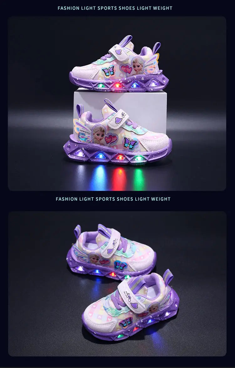 Disney LED Casual Sneakers For Spring Girls Frozen Elsa Princess Print Pu Leather Shoes Children Lighted Non-slip Pink Purple.