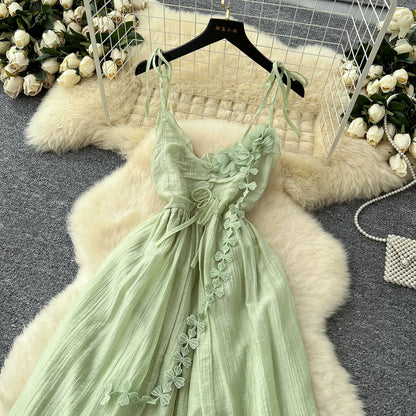 SINGREINY 2025, süßes Sommerkleid für Damen, Spaghettiträger, plissiert, 3D-Blumenmuster, schickes Sommerkleid, Fairycore, unregelmäßiges Kleid