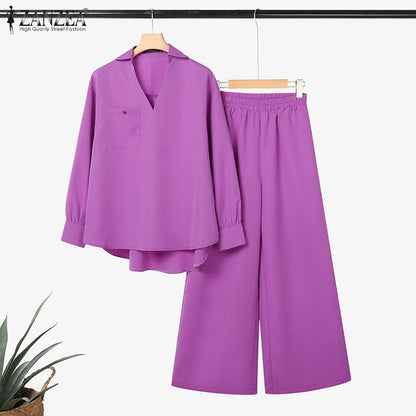 2025 ZANZEA Fashion Lapel Long Sleeve Tops Pant Suit Autumn 2 Piece Sets Women Outfits Office Pant Sets Casual Work OL Tracksuit.