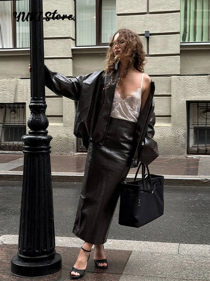 Chic Stand Collar Leather Long Skirt Sets Women Long Sleeve Jackets Spliced Solid Skirts 2025 Autumn Lady Y2k Outfits dress.