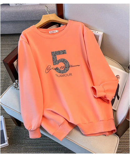 175kg plus size Damen büste Frühling Herbst loser Rundhals ausschnitt bedrucktes Langarm-Sweatshirt schwarz orange 5xl 6xl 7xl 8xl 9xl.