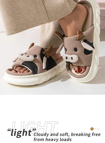 Shevalues Plush Cartoon Milk Cow Slippers Winter Women Slippers Furry Non-Slips Women Cotton Slides Couples Soft Cozy Flat Shoes