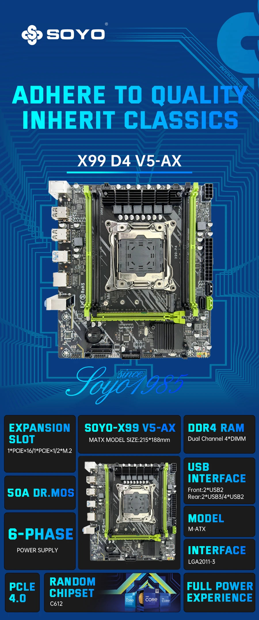 SOYO Motherboard Set Kit With LGA2011-3 Xeon E5 2650 V4 CPU DDR4 16GB (2*8GB) 2133MHZ Memory NVME M.2 SATA  Computer components.