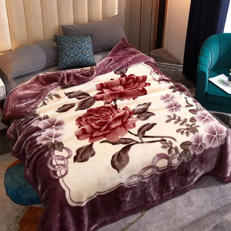 Classic Lily Print Blanket Double Thickened Autumn Winter Raschel Blankets Dormitory Bedrooms Comfortable Cold Resistant Bedding
