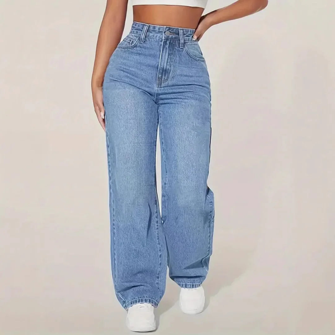 High Waist Straight Leg Jeans Women's Casual Spring Autumn New Style Cross-Border High Waist Wide Leg Jeans Water Washed.
