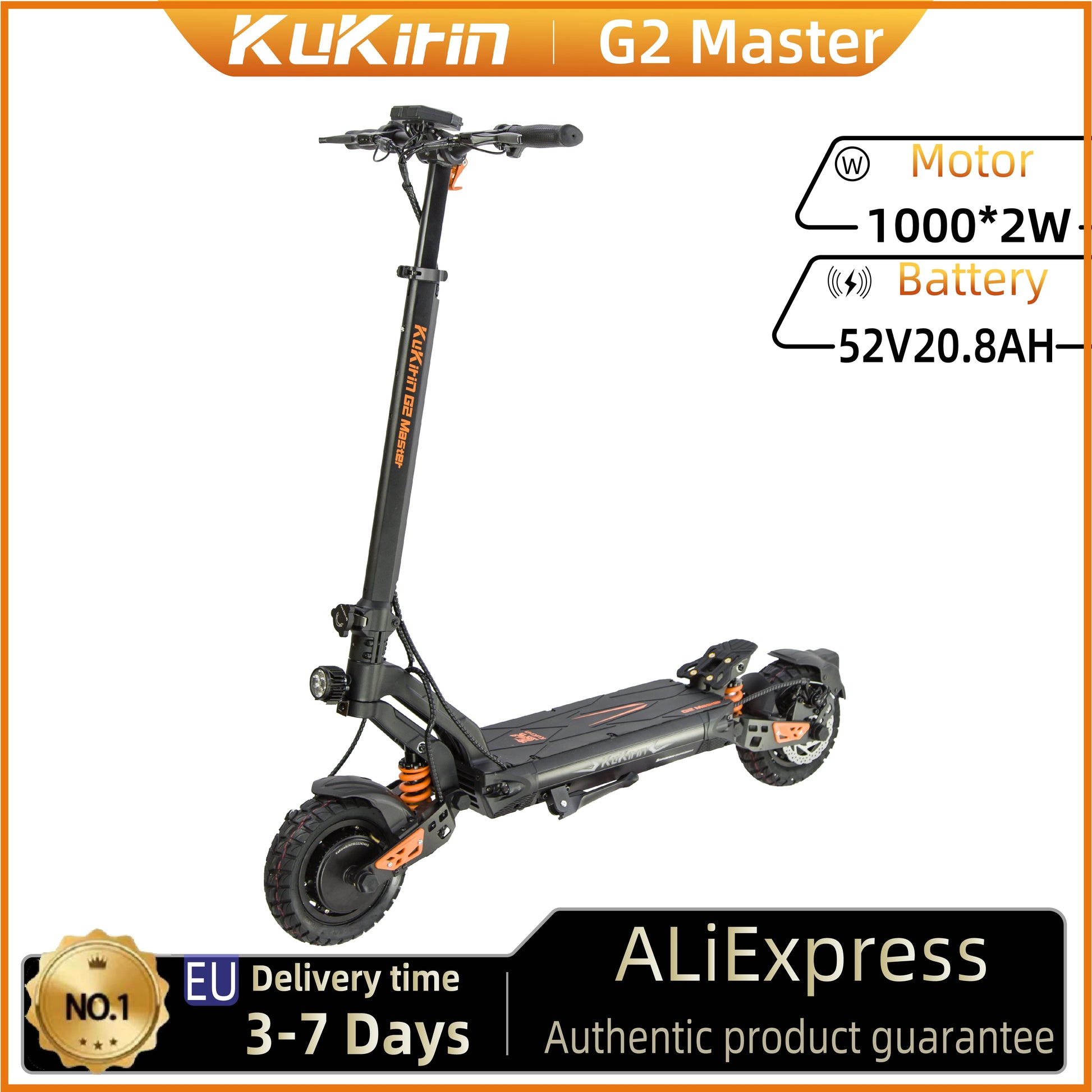 KuKirin G2 Master Electric Scooter 1000W*2 Dual Motor 52V 20.8Ah 60km/h Max Speed Front&Rear Disc Brake Hydraulic Shock Absorber.