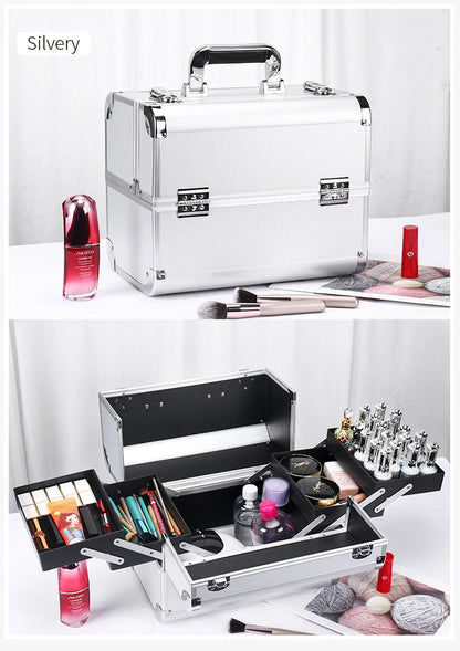 Makeup Train Case Pro Adjustable 4 Sliding Trays Cosmetic Case Storage Organizer Box Lockable Compartments.