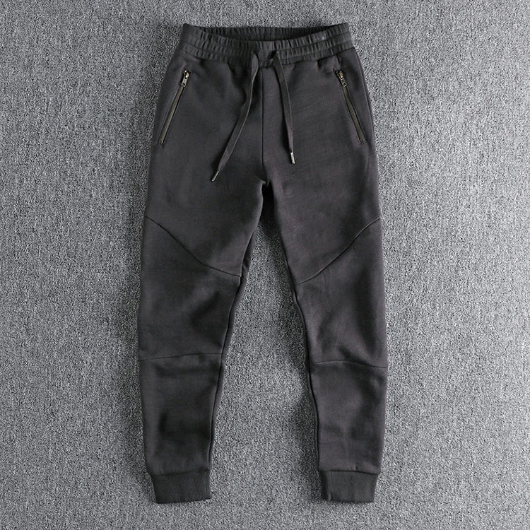 Autumn Winter American Retro Thick Sweatpants With Velvet Men's Pure Cotton Washed Heavyweight Knitted Sports Ankle-tied Pants.