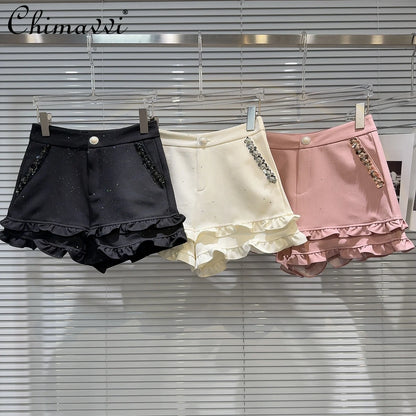 2025 Summer Clothes New Fashion Sequined Beaded Fungus Edge Pants Three-point Shorts Sweet Girls Temperament Short Pants Women.